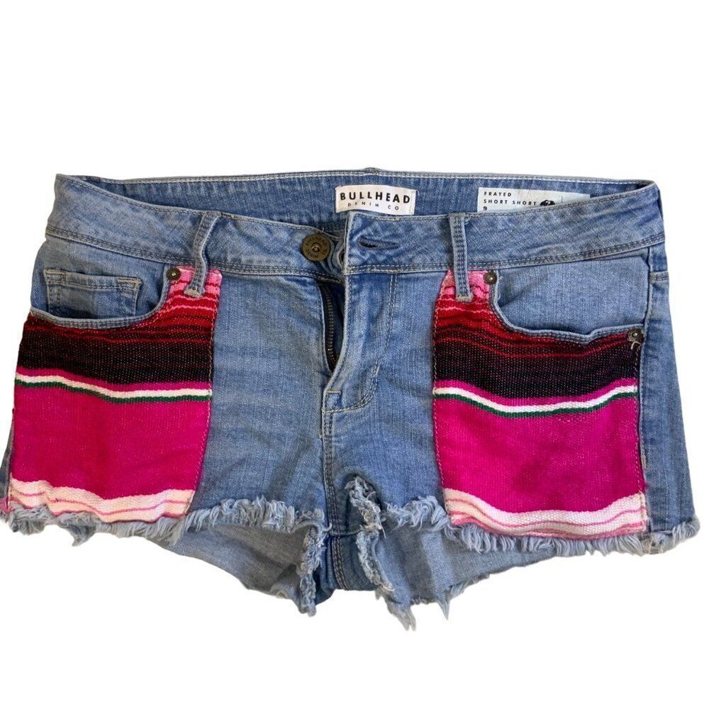 Bullhead BoHo short short denim shorts colorful patch work women’s size 9